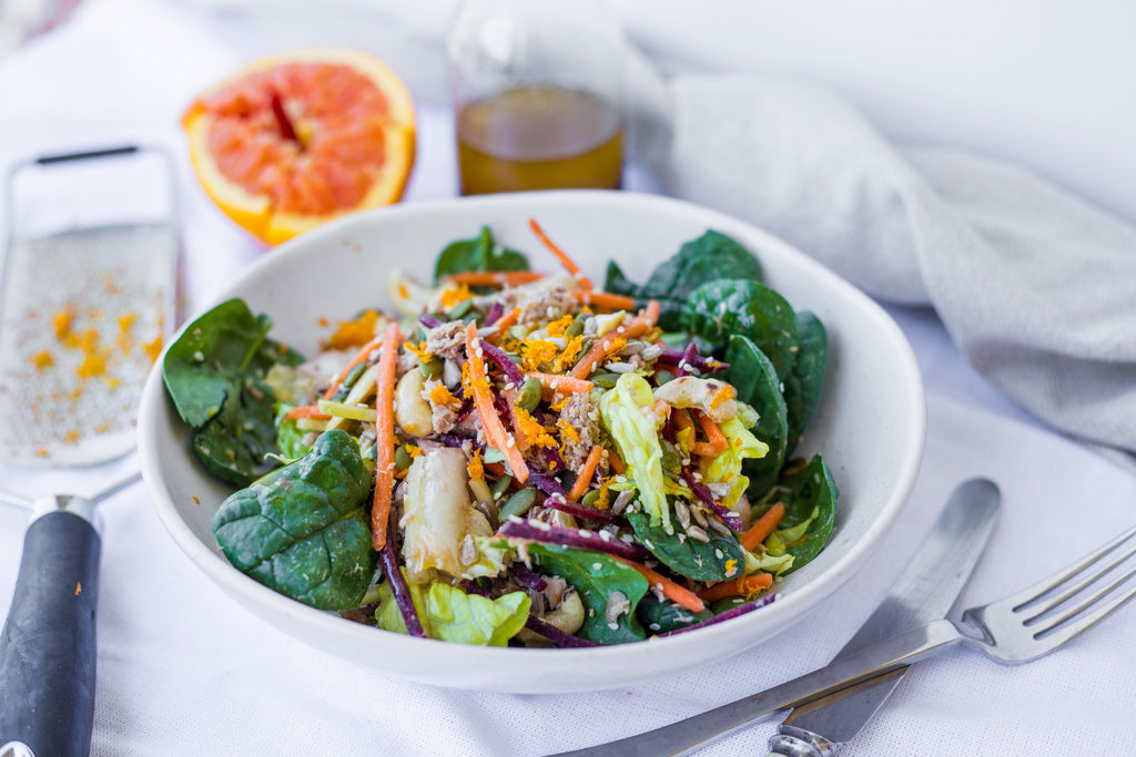 Naked Paleo Blog Recipe Tuna Rainbow Salad with Orange Sesame Dressing Paleo Bar Mylk Infusion Healthy Snack Gluten Free
