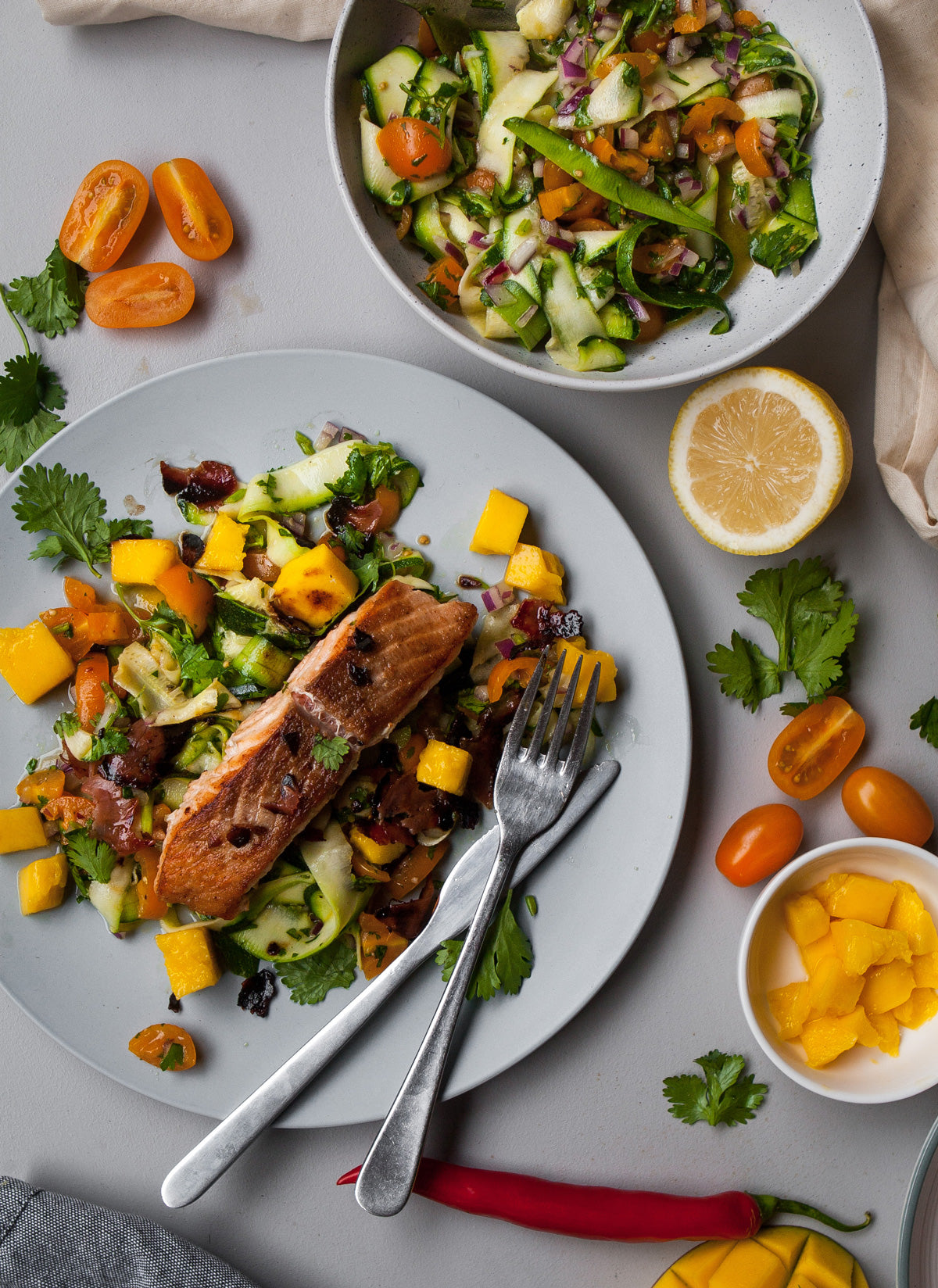 Mango and Fresh Tomato Zucchini Pasta with Crispy Prosciutto Recipe Kelly Richardson The Gourmet Nutritionist Naked Paleo Blog