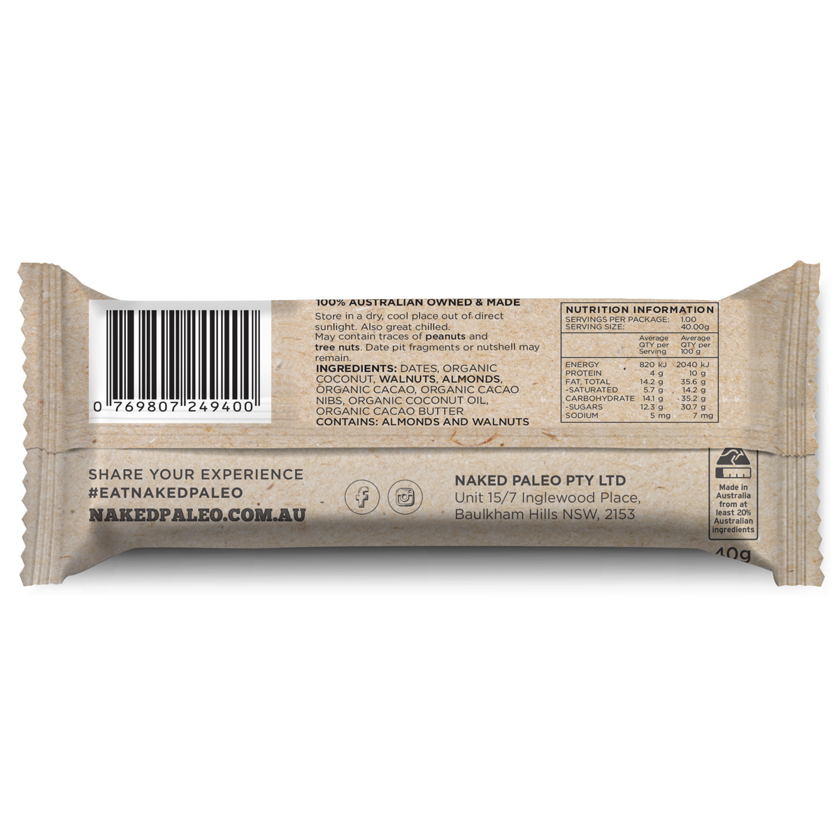 Cacao Almond Paleo Snack Bar (Box of 15 x 40g)