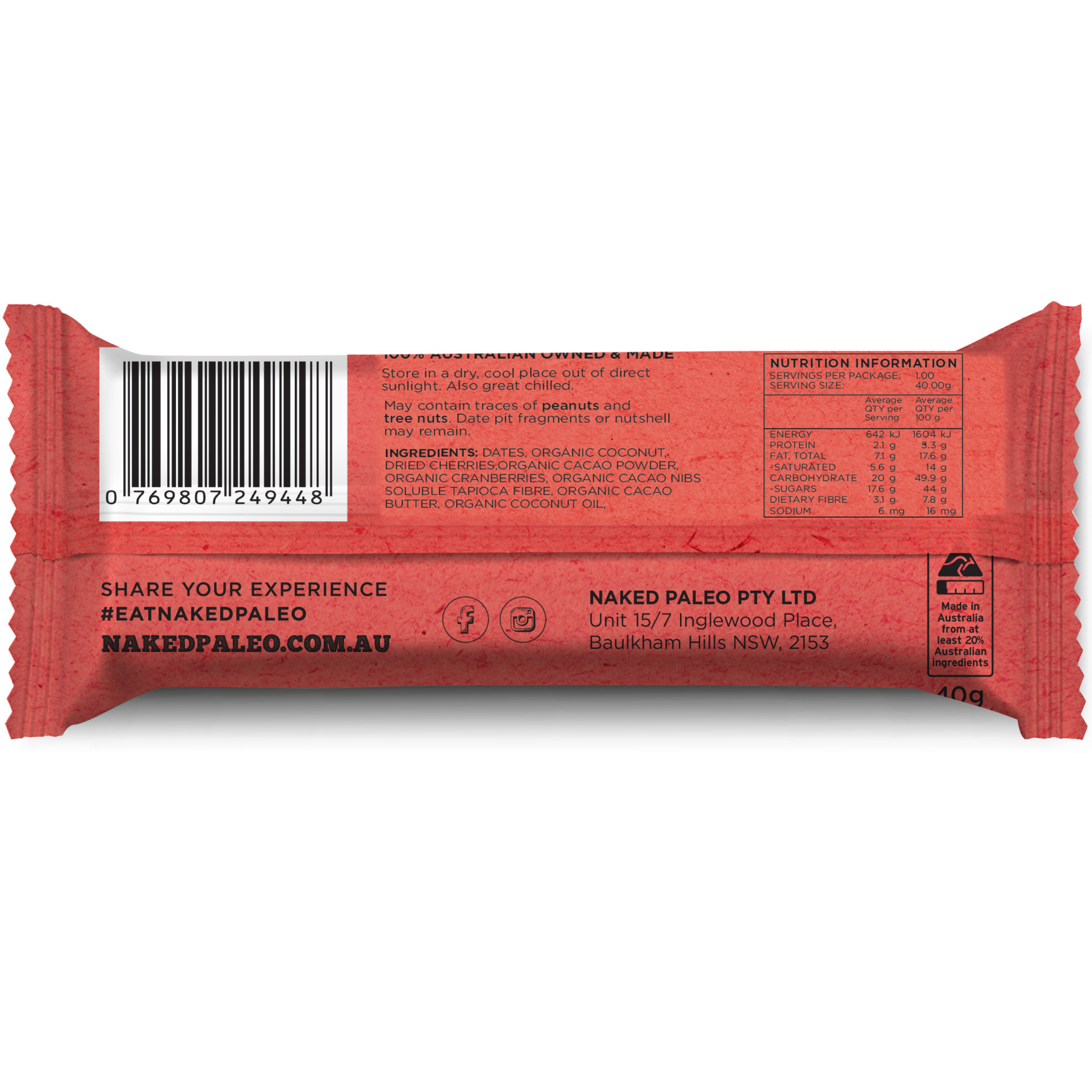 Choc Cherry Paleo Snack Bar (Box of 15 x 40g)